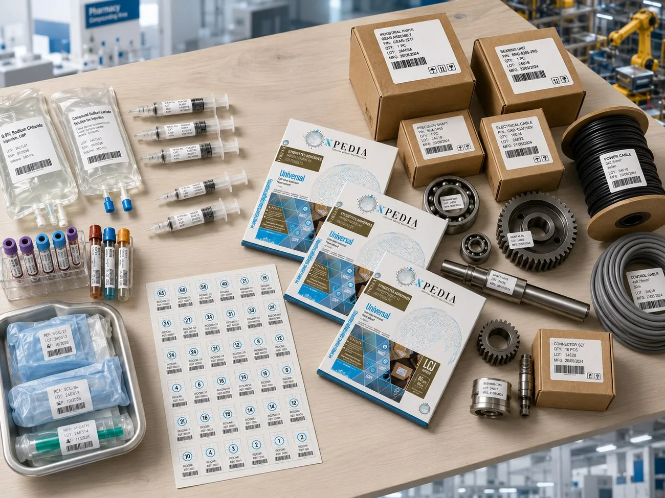 Étiquettes Xpedia en situation — pharma, industrie, logistique